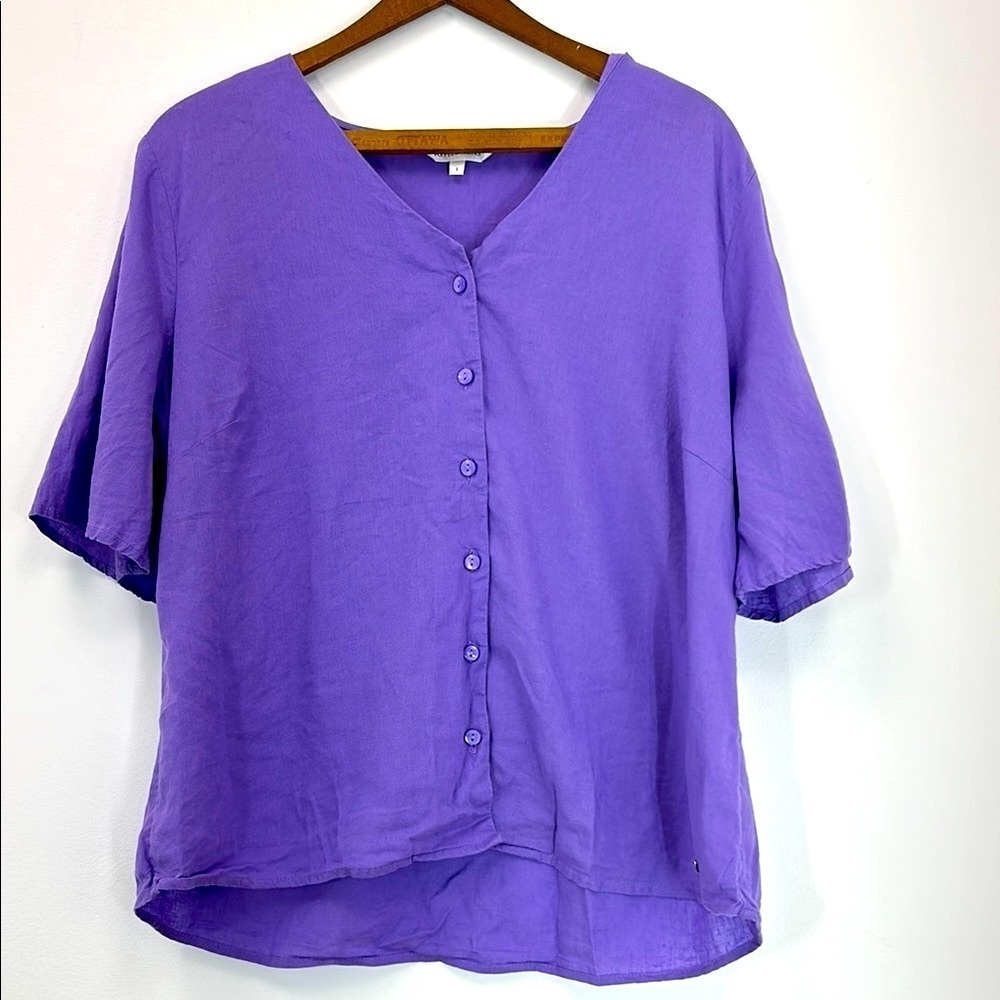 Northern Reflections Linen Blend Button Up Top Women's Large Travel Resort Lilac
